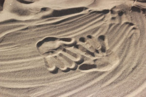 Marca das mãos de uma criança na areia de quartzo das praias de Bombinhas (Foto: Banco de Imagens Pixabay)